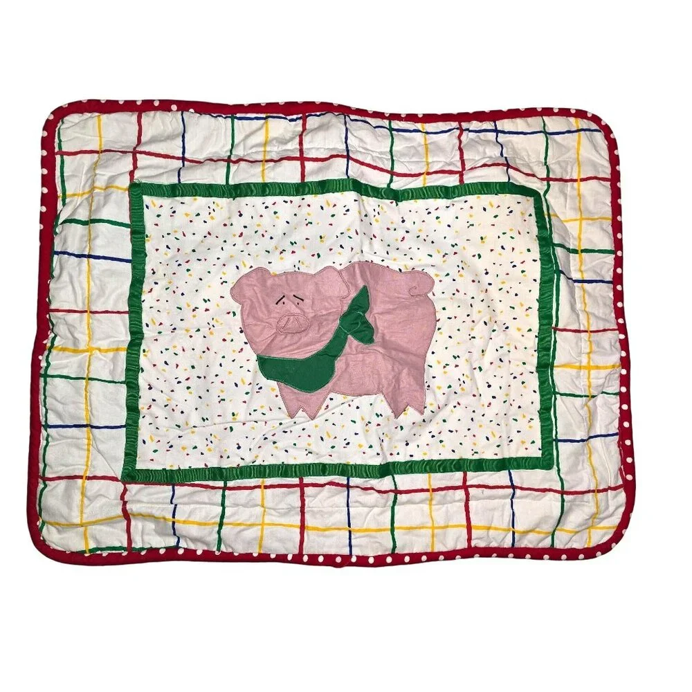 Vintage Pillow Sham Set With Applique Bear & Duck‎ Multicolored Cotton Barnyard
